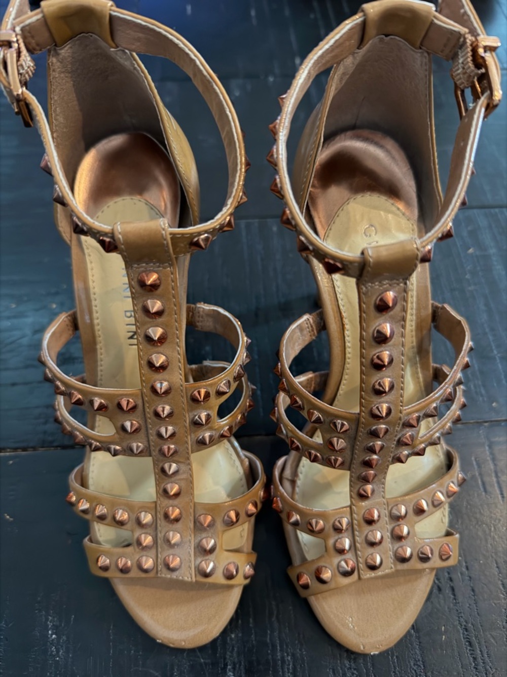 Gianni Bini Studded T-Strap Tan Womens Heeled Sandals
